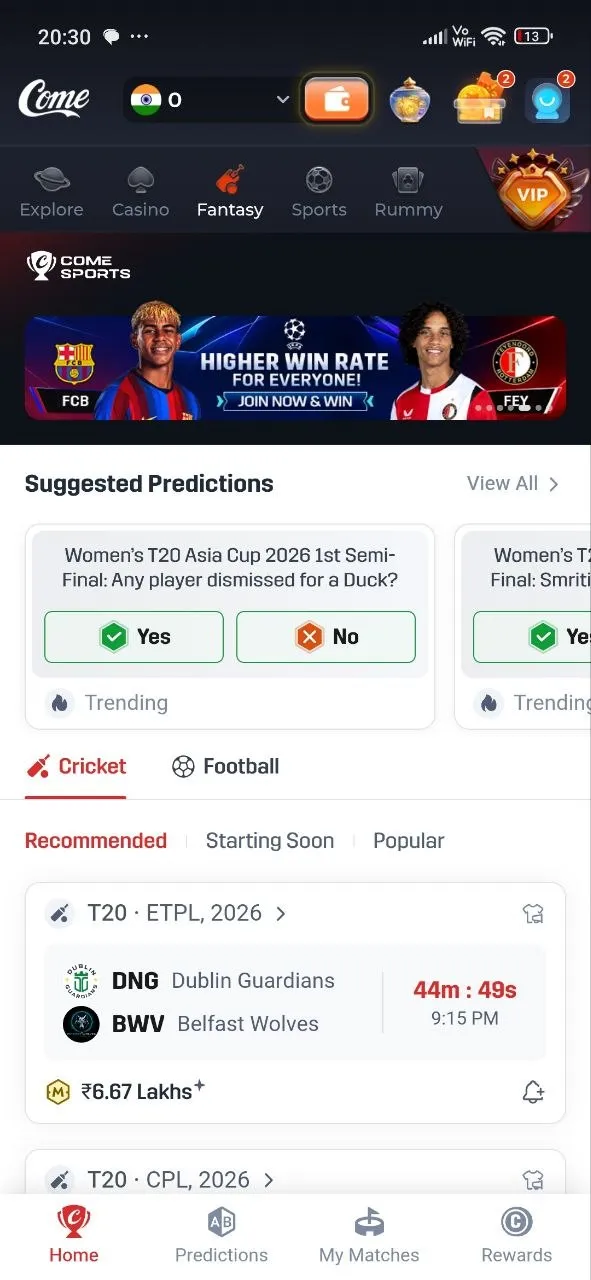 COME Fantasy screen showing a Suggested Predictions question with Yes and No buttons above the cricket match list