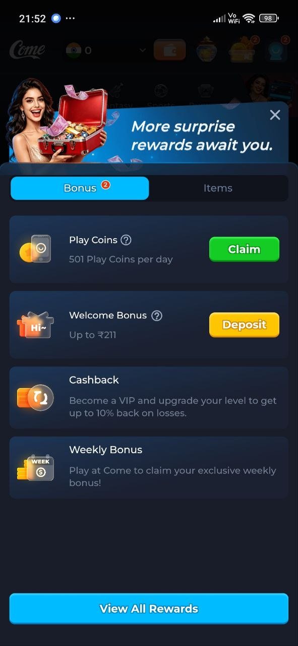 COME Rewards screen