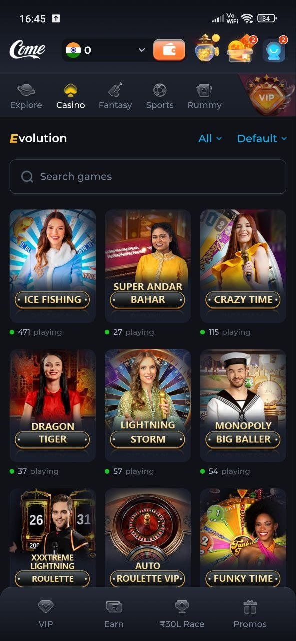 COME Casino Evolution screen