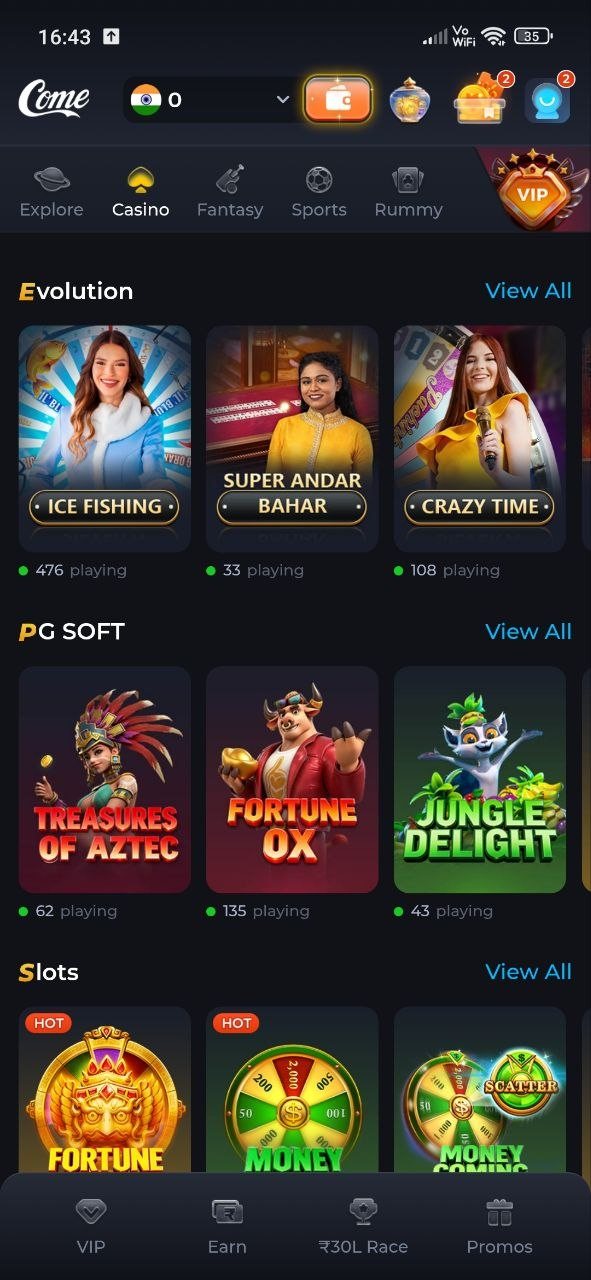 COME Casino categories