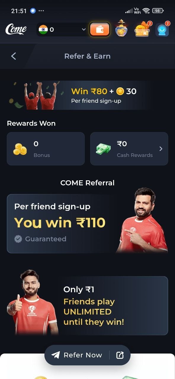 COME Refer & Earn screen